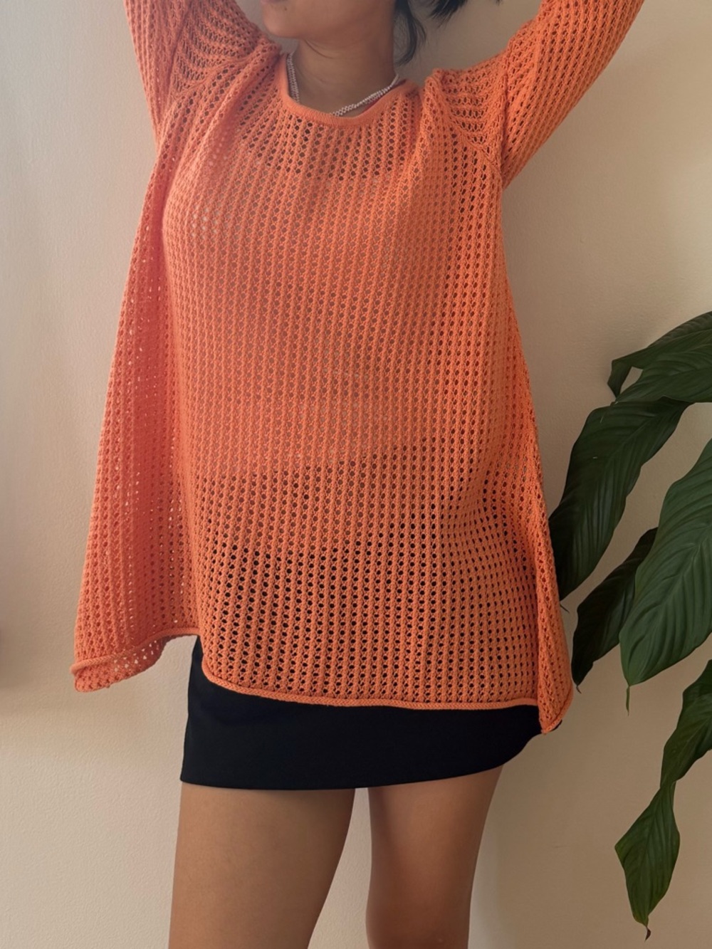 Jeanne Pierre 100% Cotton Open Knit Crochet Orange Top With Side Slits Size L - Picture 7 of 11
